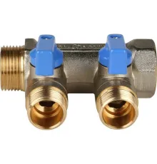 Коллектор распределительный 3/4" с запорными кранами и 2 отводами 1/2", ручки синие STOUT