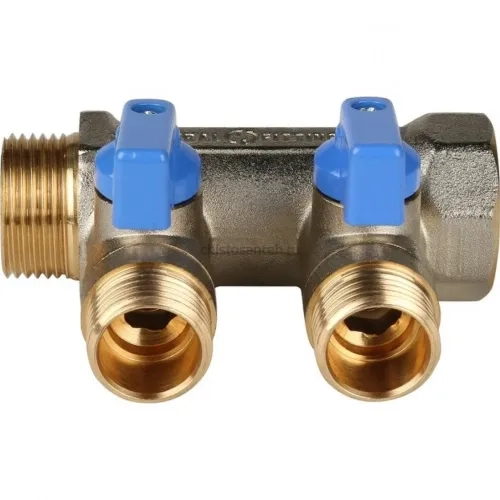 Коллектор распределительный 3/4" с запорными кранами и 2 отводами 1/2", ручки синие STOUT