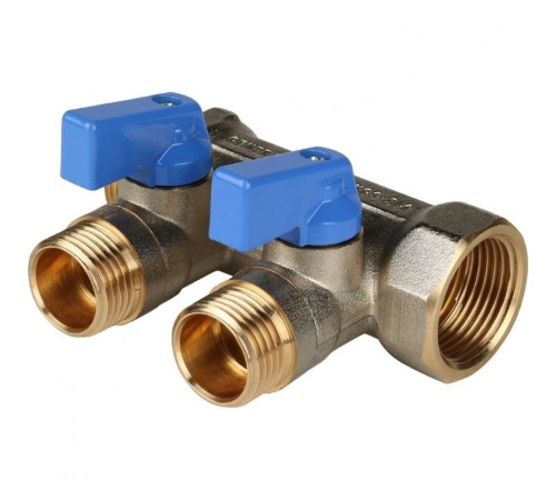 Коллектор распределительный 3/4" с запорными кранами и 2 отводами 1/2", ручки синие STOUT Коллектор распределительный 3/4" с запорными кранами и 2 отводами 1/2", ручки синие STOUT