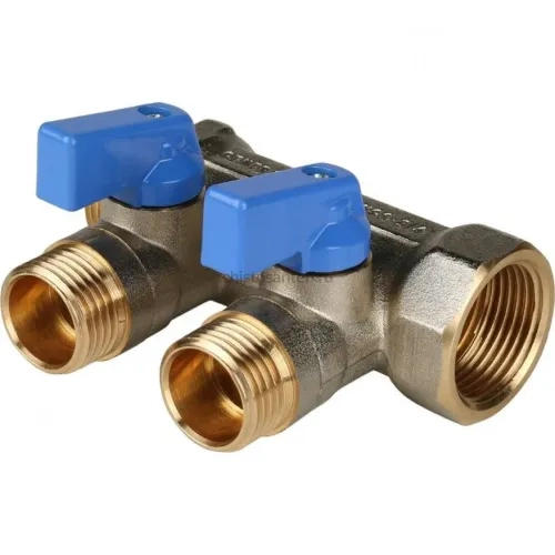 Коллектор распределительный 3/4" с запорными кранами и 2 отводами 1/2", ручки синие STOUT