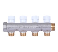 Коллектор распределительный 3/4" с 4 отводами 1/2", плоское уплотнение, никелированный STOUT