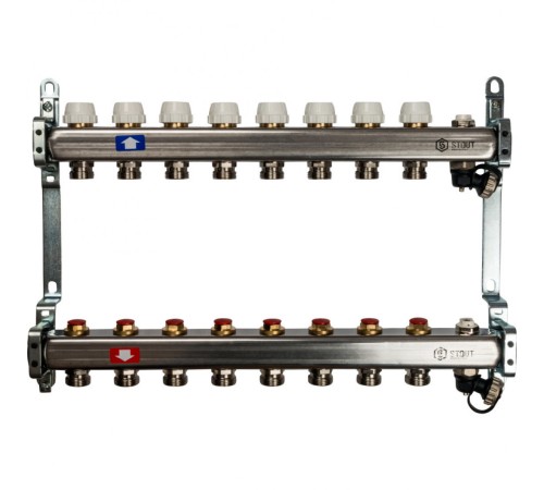 Коллекторная группа из нержавеющей стали без расходомеров, с клапаном выпуска воздуха и сливом на 8 выходов STOUT