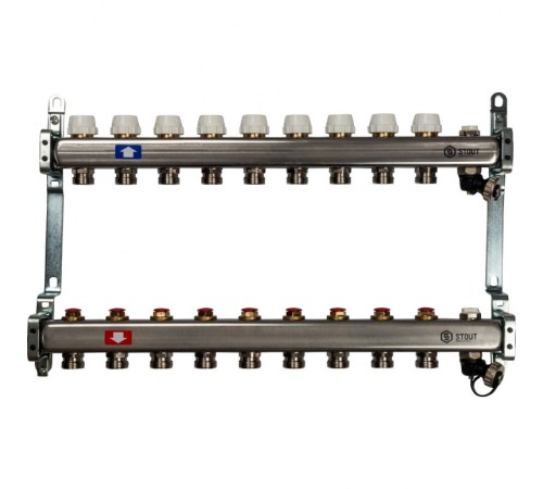 Коллекторная группа из нержавеющей стали без расходомеров, с клапаном выпуска воздуха и сливом на 9 выходов STOUT