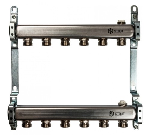 Коллекторная группа из нержавеющей стали для радиаторной разводки без расходомеров на 6 выходов STOUT