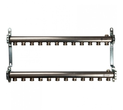 Коллекторная группа из нержавеющей стали для радиаторной разводки без расходомеров на 12 выходов STOUT