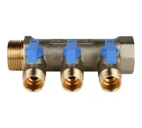 Коллектор распределительный 1" с запорными кранами и 3 отводами 1/2", ручки синие STOUT