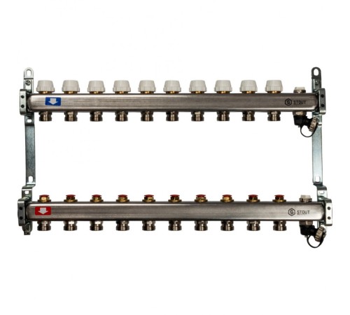 Коллекторная группа из нержавеющей стали без расходомеров, с клапаном выпуска воздуха и сливом на 10 выходов STOUT