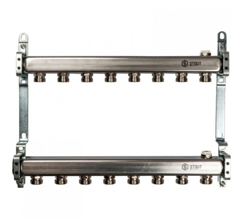 Коллекторная группа из нержавеющей стали для радиаторной разводки без расходомеров на 8 выходов STOUT