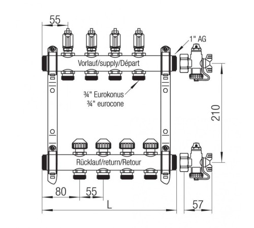 Коллекторная группа REHAU HKV-D на 9 выходов (РЕХАУ - 12080911002)1"x3/4"ЕК из нержавеющей стали с регулирующими и термостатическими вентилями и расходомерами Коллекторная группа REHAU HKV-D на 9 выходов (РЕХАУ - 12080911002)1"x3/4"ЕК из нержавеющей стали с регулирующими и термостатическими вентилями и расходомерами