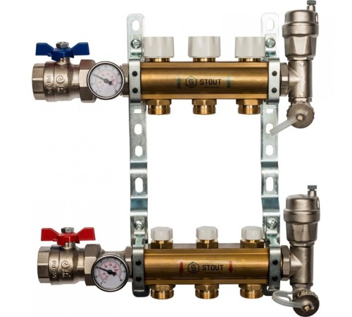 Коллекторная группа из латуни без расходомеров на 3 выхода STOUT