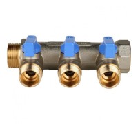 Коллектор распределительный 3/4" с запорными кранами и 3 отводами 1/2", ручки синие STOUT