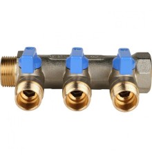 Коллектор распределительный 3/4" с запорными кранами и 3 отводами 1/2", ручки синие STOUT
