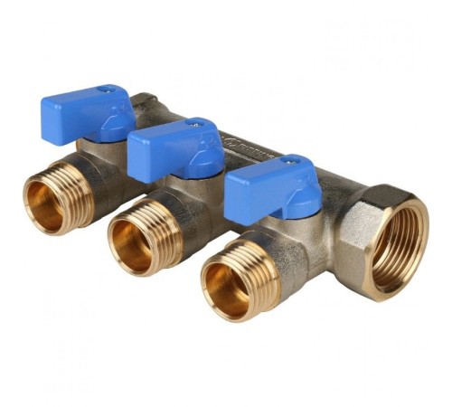 Коллектор распределительный 3/4" с запорными кранами и 3 отводами 1/2", ручки синие STOUT Коллектор распределительный 3/4" с запорными кранами и 3 отводами 1/2", ручки синие STOUT