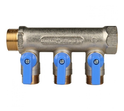 Коллектор распределительный 3/4" с запорными кранами и 3 отводами 1/2", ручки синие STOUT Коллектор распределительный 3/4" с запорными кранами и 3 отводами 1/2", ручки синие STOUT