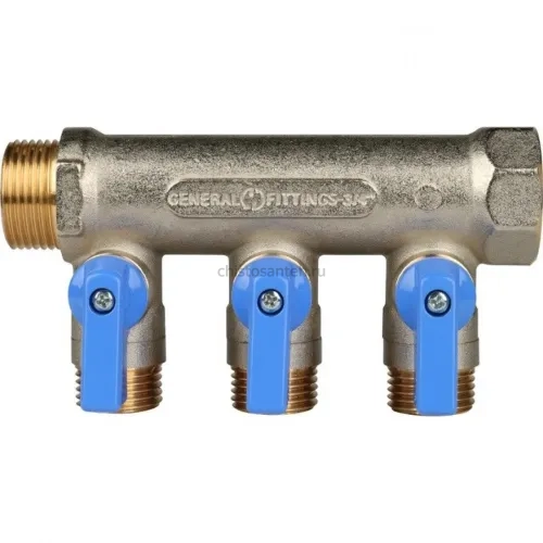 Коллектор распределительный 3/4" с запорными кранами и 3 отводами 1/2", ручки синие STOUT