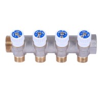 Коллектор распределительный 1" с 4 отводами 1/2", плоское уплотнение, никелированный STOUT