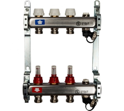 Коллекторная группа с запорными кранами из нержавеющей стали с расходомерами на 3 выхода STOUT