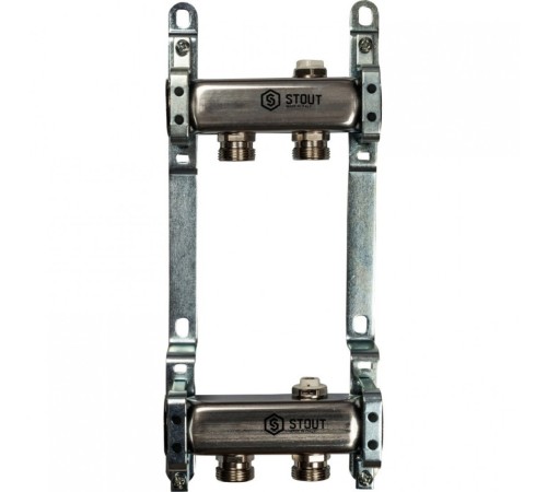 Коллекторная группа из нержавеющей стали для радиаторной разводки без расходомеров на 2 выхода STOUT