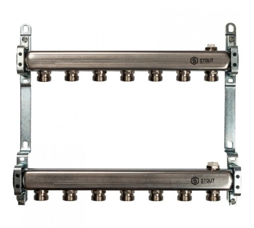Коллекторная группа из нержавеющей стали для радиаторной разводки без расходомеров на 7 выходов STOUT
