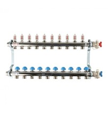 Коллекторная группа REHAU HKV-D на 10 выходов (РЕХАУ - 12081011002)1"x3/4"ЕК из нержавеющей стали с регулирующими и термостатическими вентилями и расходомерами