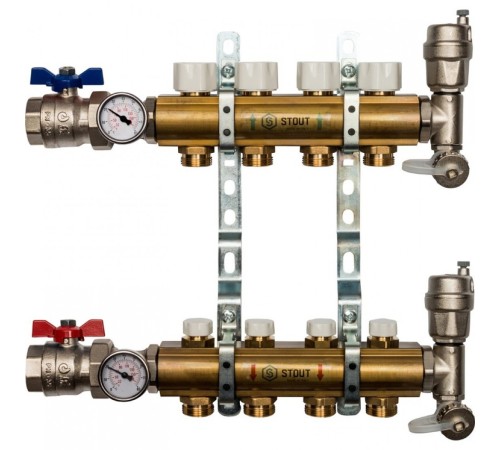 Коллекторная группа из латуни без расходомеров на 4 выхода STOUT