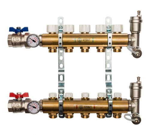 Коллекторная группа из латуни без расходомеров на 5 выходов STOUT