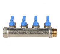 Коллектор распределительный 3/4" с запорными кранами и 4 отводами 1/2", ручки синие STOUT