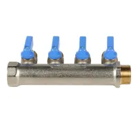 Коллектор распределительный 3/4" с запорными кранами и 4 отводами 1/2", ручки синие STOUT