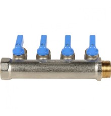 Коллектор распределительный 3/4" с запорными кранами и 4 отводами 1/2", ручки синие STOUT