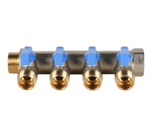 Коллектор распределительный 3/4" с запорными кранами и 4 отводами 1/2", ручки синие STOUT