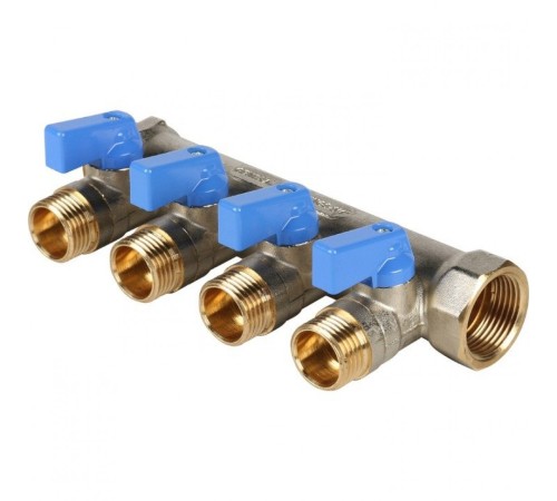 Коллектор распределительный 3/4" с запорными кранами и 4 отводами 1/2", ручки синие STOUT