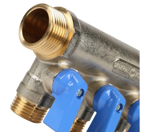 Коллектор распределительный 3/4" с запорными кранами и 4 отводами 1/2", ручки синие STOUT