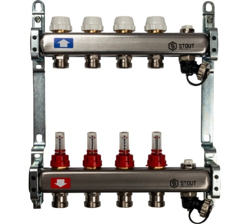Коллекторная группа с запорными кранами из нержавеющей стали с расходомерами на 4 выхода STOUT