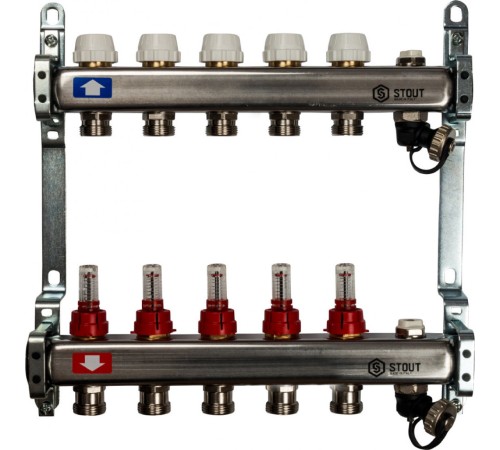 Коллекторная группа с запорными кранами из нержавеющей стали с расходомерами на 5 выходов STOUT