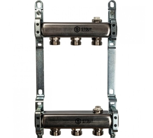 Коллекторная группа из нержавеющей стали для радиаторной разводки без расходомеров на 3 выхода STOUT