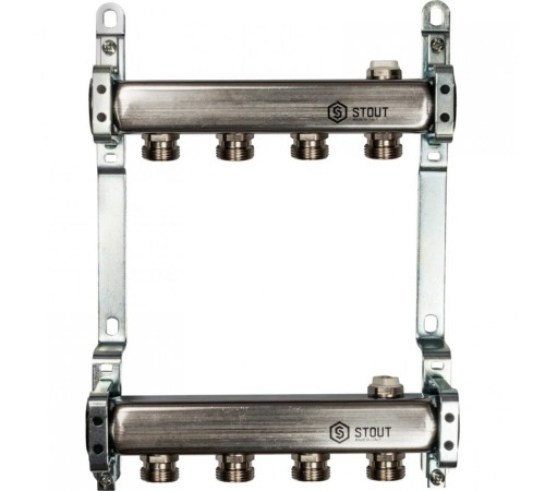 Коллекторная группа из нержавеющей стали для радиаторной разводки без расходомеров на 4 выхода STOUT