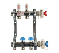 Коллекторная группа REHAU HKV-D на 2 выхода (РЕХАУ - 12080211002)1"x3/4"ЕК из нержавеющей стали с регулирующими и термостатическими вентилями и расходомерами