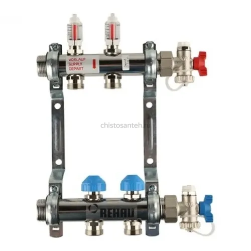 Коллекторная группа REHAU HKV-D на 2 выхода (РЕХАУ - 12080211002)1"x3/4"ЕК из нержавеющей стали с регулирующими и термостатическими вентилями и расходомерами