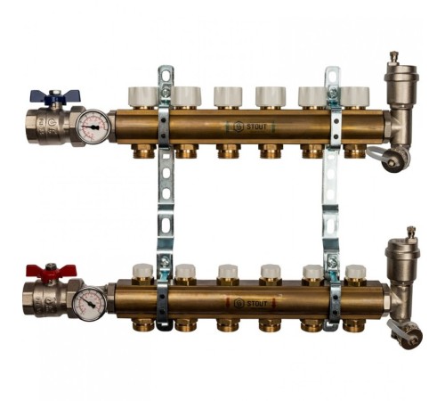 Коллекторная группа из латуни без расходомеров на 6 выходов STOUT