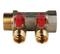 Коллектор распределительный 1" с запорными кранами и 2 отводами 1/2", ручки красные STOUT