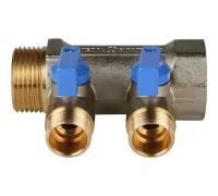 Коллектор распределительный 1" с запорными кранами и 2 отводами 1/2", ручки синие STOUT