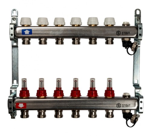 Коллекторная группа с запорными кранами из нержавеющей стали с расходомерами на 6 выходов STOUT