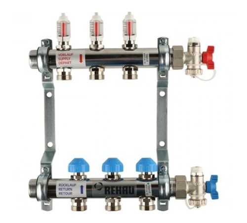 Коллекторная группа REHAU HKV-D на 3 выхода (РЕХАУ - 12080311002)1"x3/4"ЕК из нержавеющей стали с регулирующими и термостатическими вентилями и расходомерами Коллекторная группа REHAU HKV-D на 3 выхода (РЕХАУ - 12080311002)1"x3/4"ЕК из нержавеющей стали с регулирующими и термостатическими вентилями и расходомерами