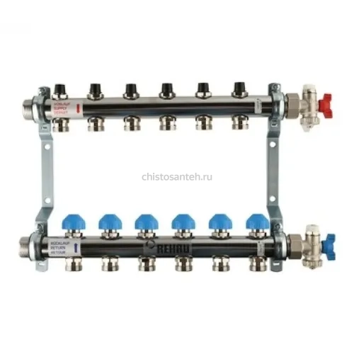 Коллекторная группа REHAU HKV на 6 выходов (РЕХАУ - 12180611001)1"x3/4"ЕК из нержавеющей стали с регулирующими и термостатическими вентилям