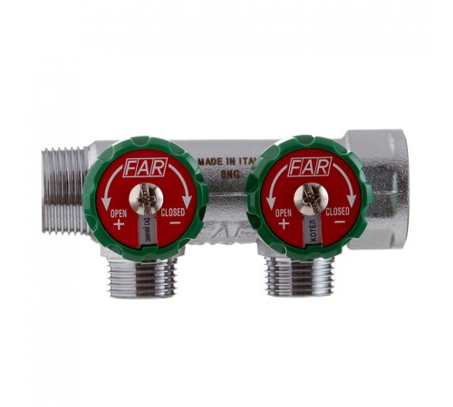 Коллектор FAR 3821 3412TP распределительный 3/4" (ВР-НР) с 2 отводами 1/2" НР, плоское уплотнение (ФАР) Коллектор FAR 3821 3412TP распределительный 3/4" (ВР-НР) с 2 отводами 1/2" НР, плоское уплотнение (ФАР)