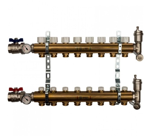Коллекторная группа из латуни без расходомеров на 8 выходов STOUT