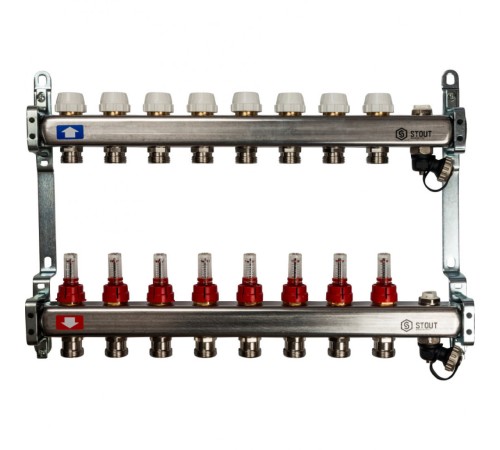 Коллекторная группа с запорными кранами из нержавеющей стали с расходомерами на 8 выходов STOUT