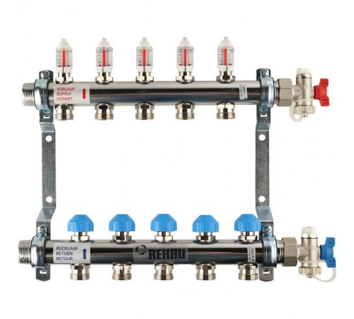 Коллекторная группа REHAU HKV-D на 4 выхода (РЕХАУ - 12080411002)1"x3/4"ЕК из нержавеющей стали с регулирующими и термостатическими вентилями и расходомерами Коллекторная группа REHAU HKV-D на 4 выхода (РЕХАУ - 12080411002)1"x3/4"ЕК из нержавеющей стали с регулирующими и термостатическими вентилями и расходомерами