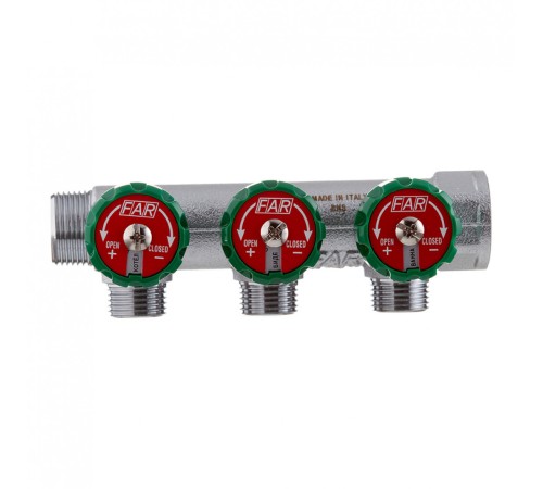 Коллектор FAR 3822 3412TP распределительный 3/4" (ВР-НР) с 3 отводами 1/2" НР, плоское уплотнение (ФАР) Коллектор FAR 3822 3412TP распределительный 3/4" (ВР-НР) с 3 отводами 1/2" НР, плоское уплотнение (ФАР)