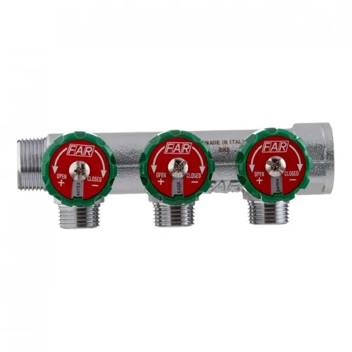 Коллектор FAR 3822 3412TP распределительный 3/4" (ВР-НР) с 3 отводами 1/2" НР, плоское уплотнение (ФАР)